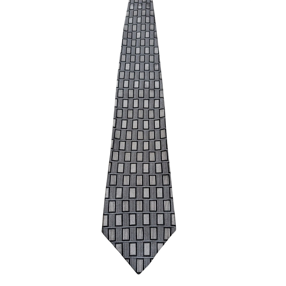 Vintage Croft & Barrow‎ Necktie Grey Silver Geometric Silk Grid Classic Business